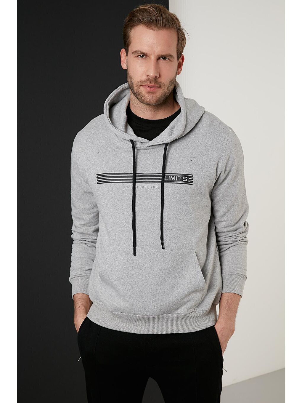 Gri Slim Fit Baskılı Kapüşonlu Kanguru Cepli Pamuklu Sweat 5414014