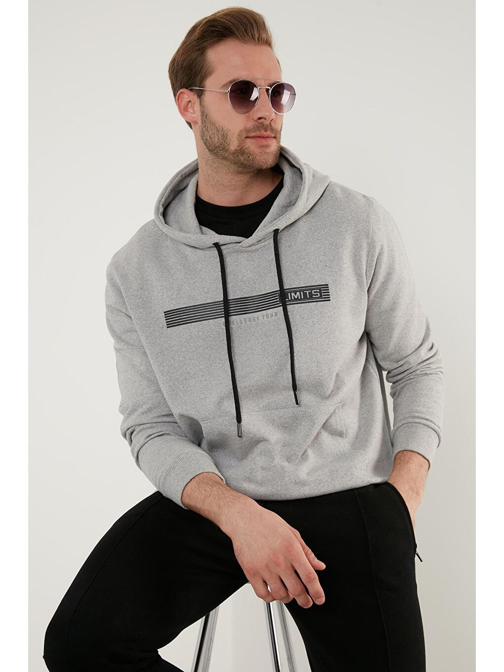 Gri Slim Fit Baskılı Kapüşonlu Kanguru Cepli Pamuklu Sweat 5414014-1