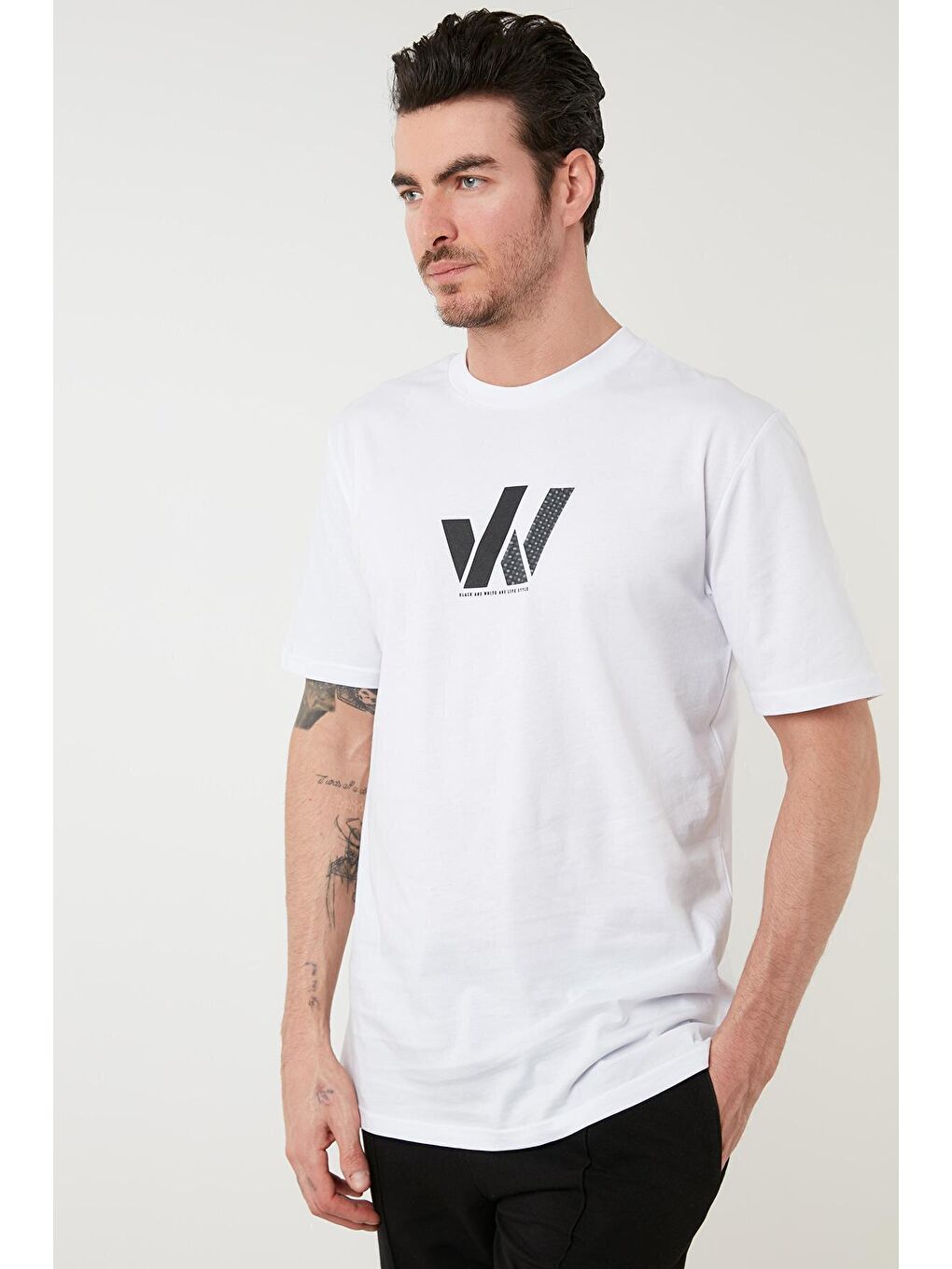 Beyaz Baskılı Pamuklu Oversize Bisiklet Yaka Tişört 5727402-1