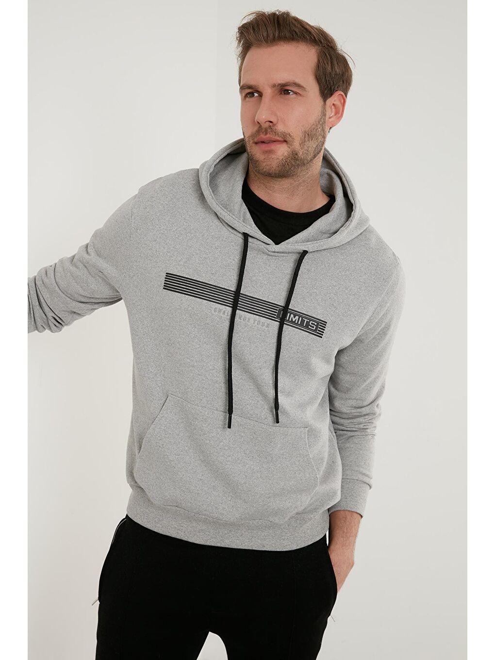 Gri Slim Fit Baskılı Kapüşonlu Kanguru Cepli Pamuklu Sweat 5414014-5