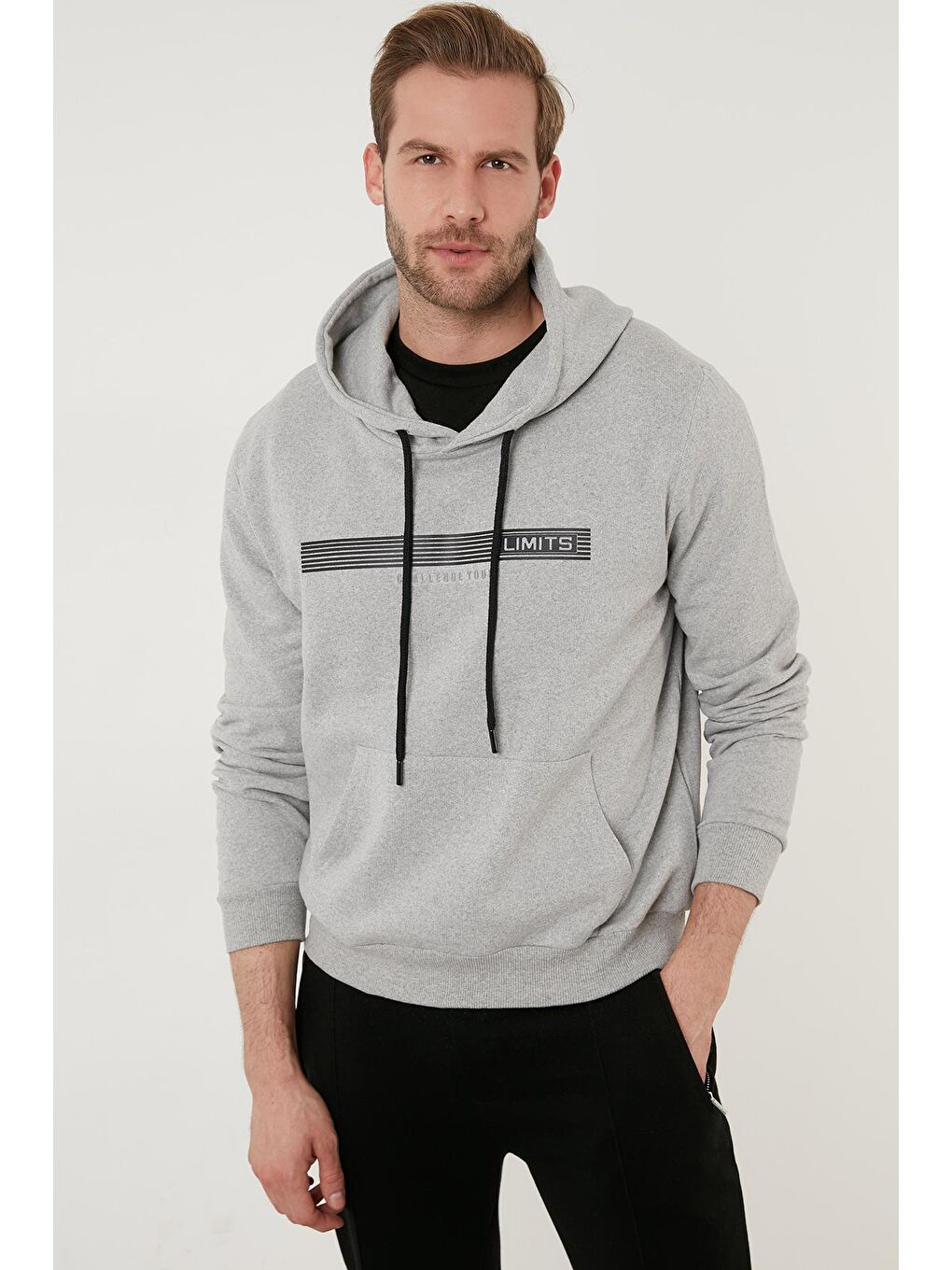 Gri Slim Fit Baskılı Kapüşonlu Kanguru Cepli Pamuklu Sweat 5414014-6