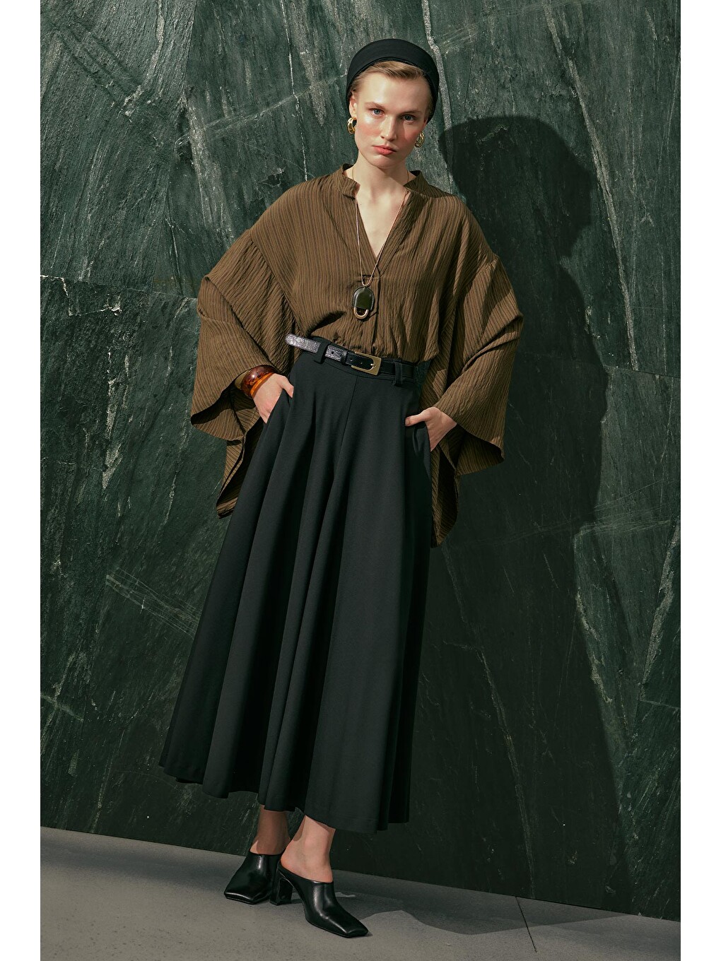Kimono Kol Bluz Haki Çizgili