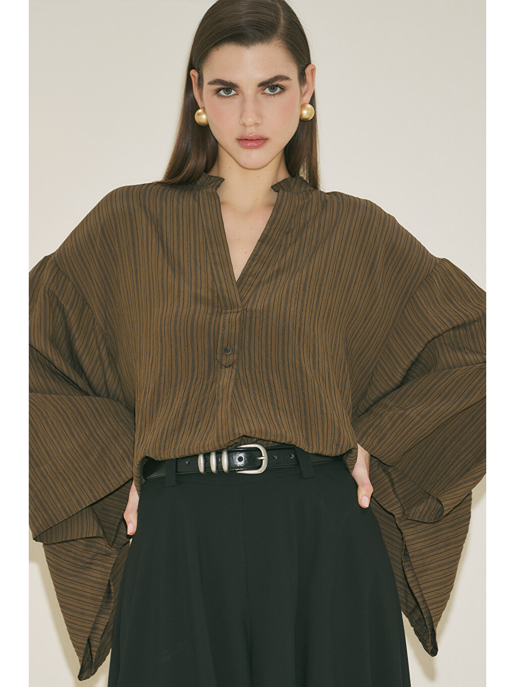 Kimono Kol Bluz Haki Çizgili-2