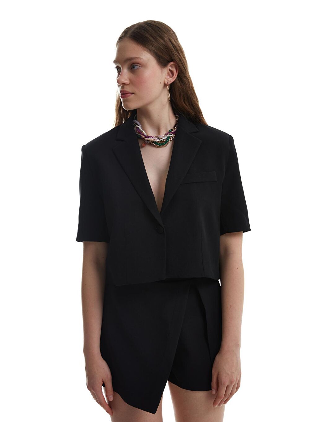 QUZU Siyah Kısa Kol Crop Blazer Ceket Siyah - 2