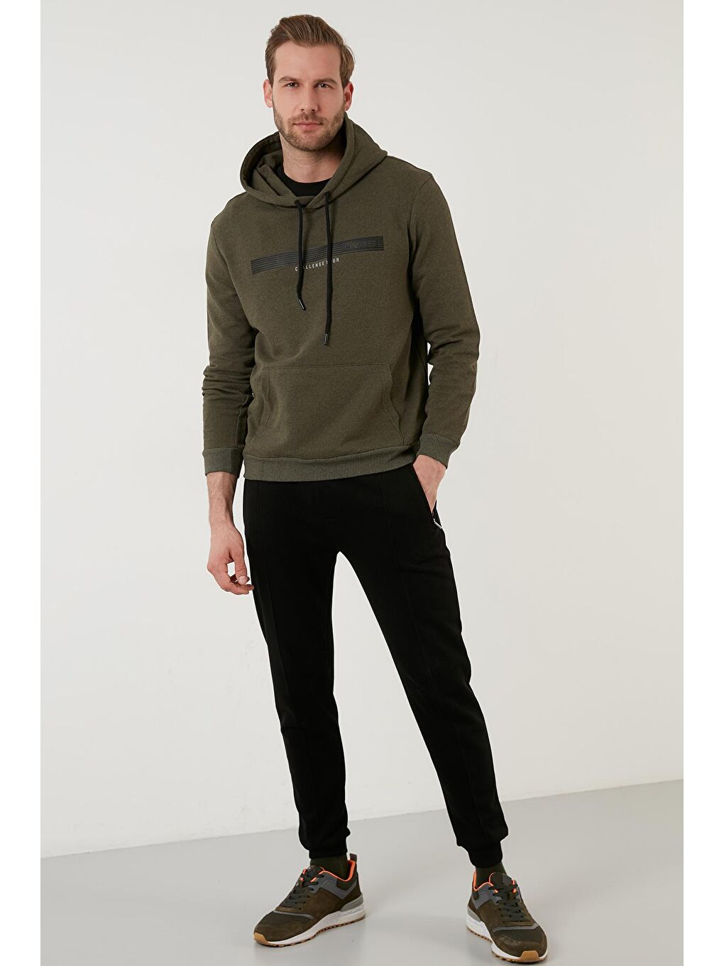 Haki Slim Fit Baskılı Kapüşonlu Kanguru Cepli Pamuklu Sweat 5414014-5