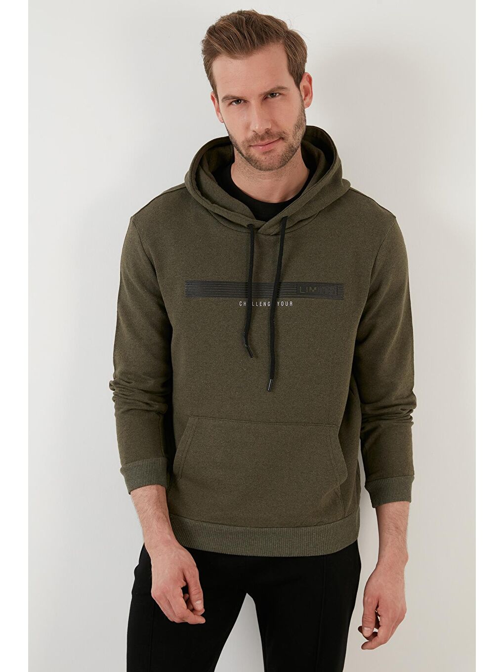 Haki Slim Fit Baskılı Kapüşonlu Kanguru Cepli Pamuklu Sweat 5414014-7