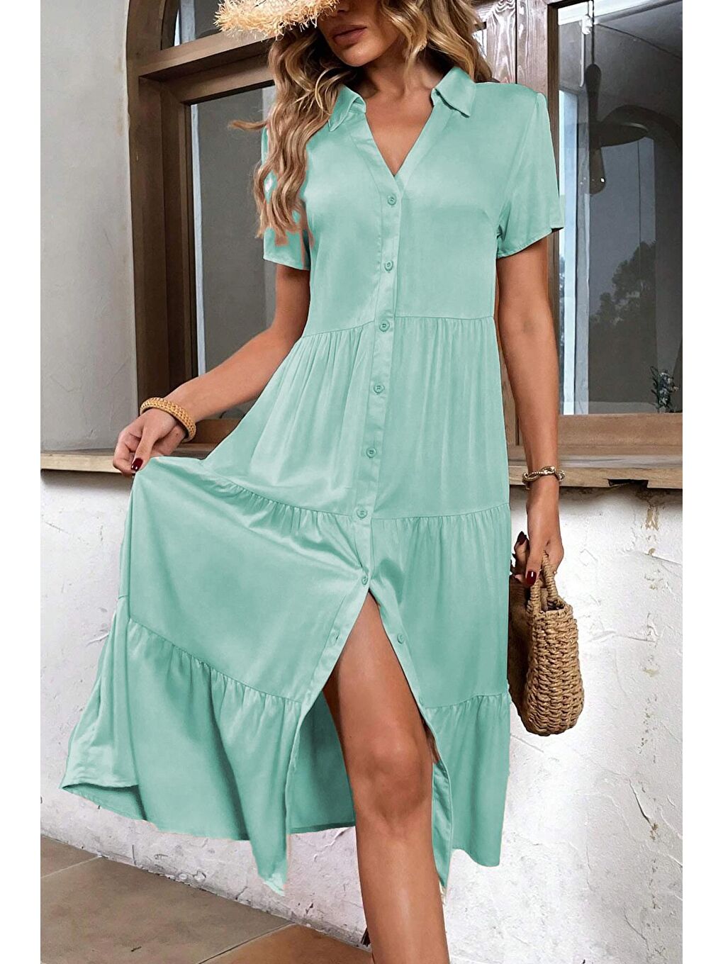 Yeşil Füme Gömlek Yaka Uzun Elbise Mg1853-1