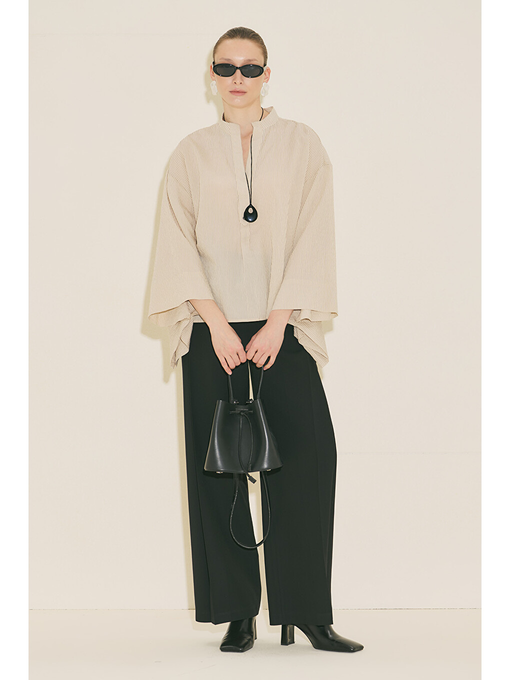 Kimono Kol Bluz Ekru Çizgili-3