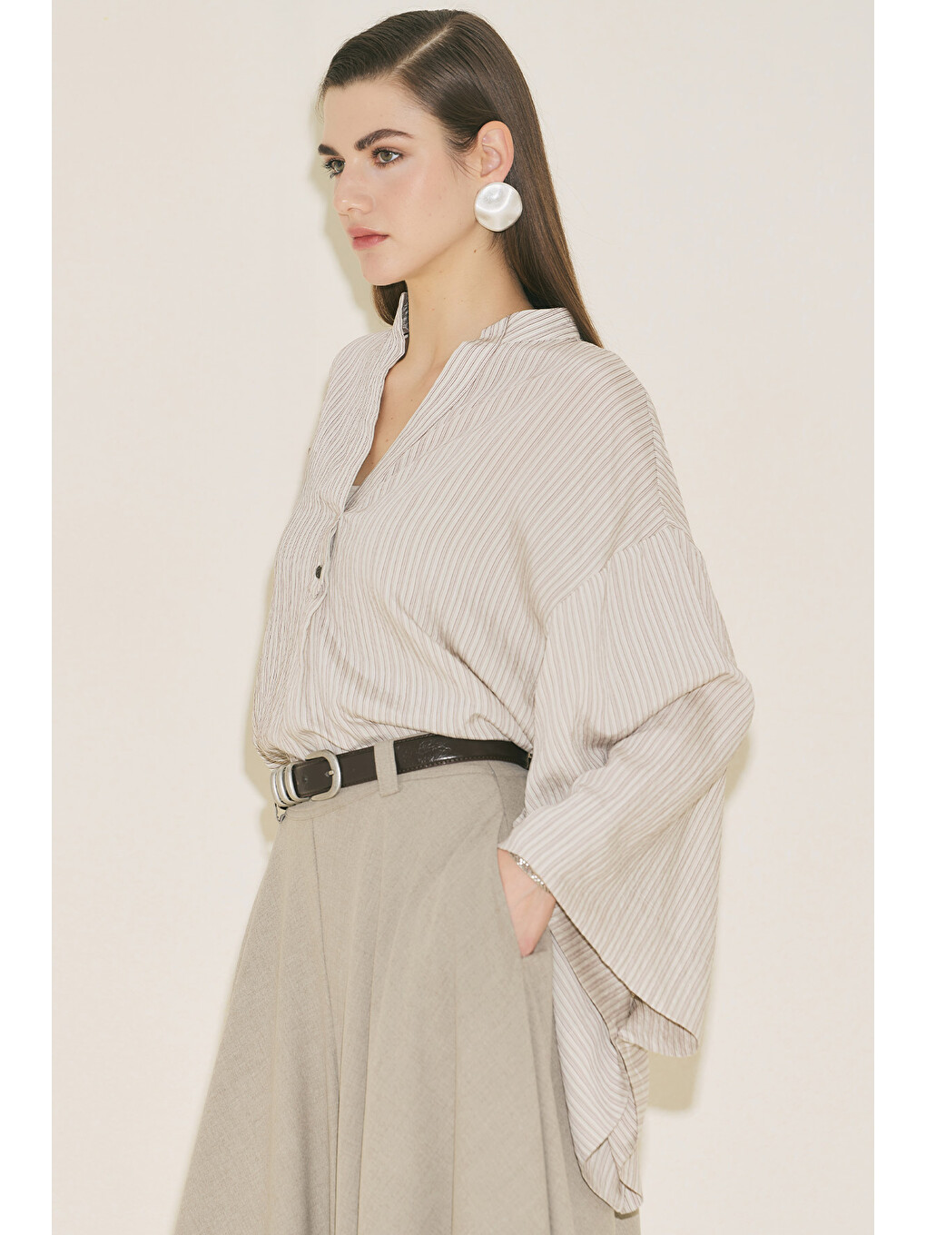 Kimono Kol Bluz Kahverengi Çizgili-1