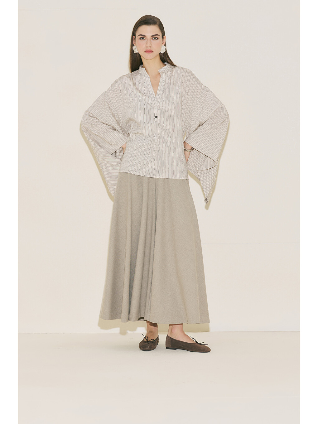 Kimono Kol Bluz Kahverengi Çizgili-4