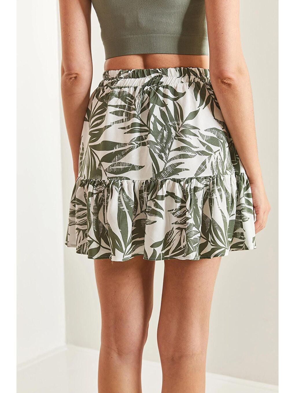 Yeşil Kadın Multi Desenli Fırfırlı Viskon Mini Etek-1