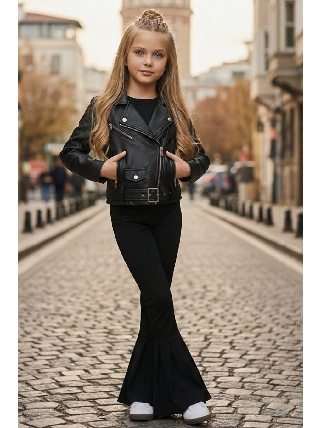 Kız Çocuk Siyah Ispanyol Paça Yüksek Bel Lastikli Tayt Pantolon-1