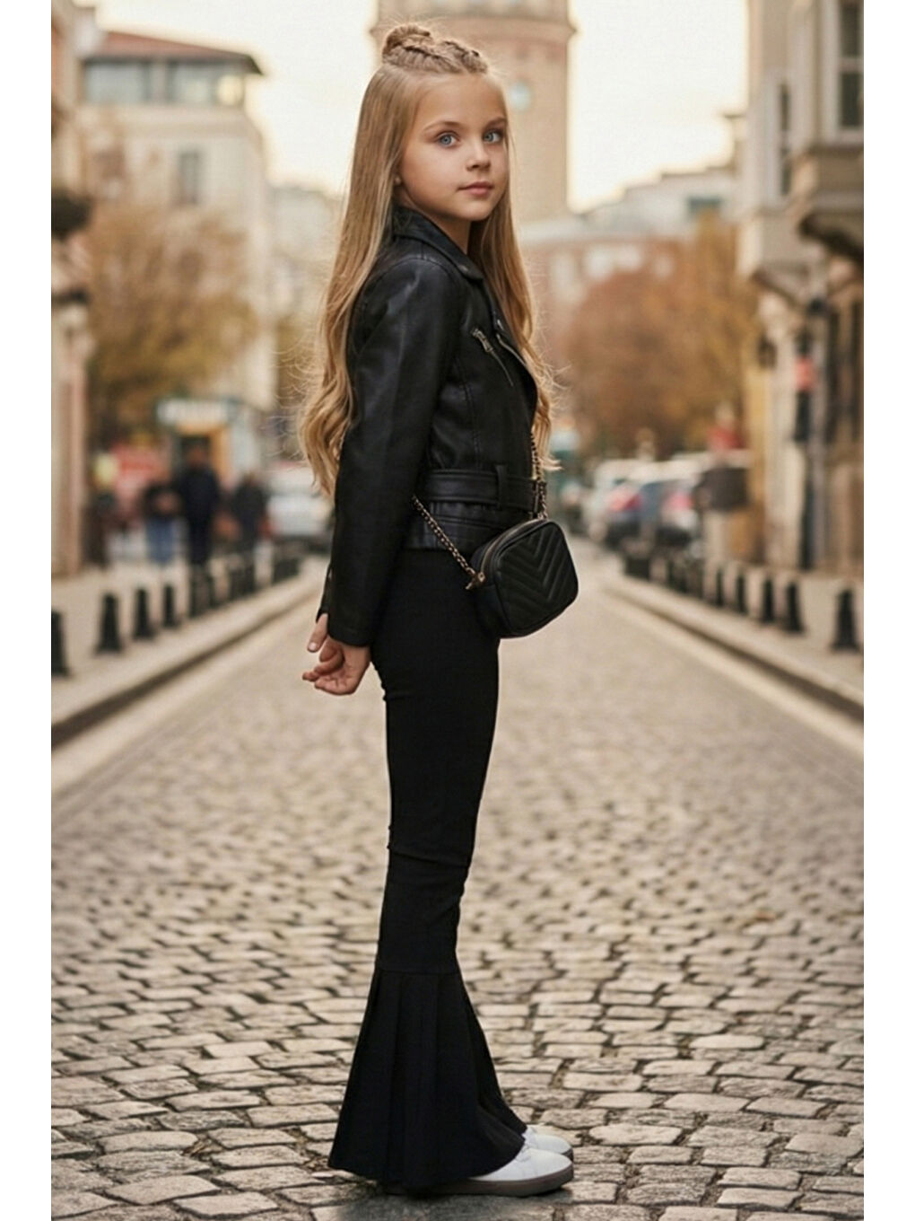 Kız Çocuk Siyah Ispanyol Paça Yüksek Bel Lastikli Tayt Pantolon-2