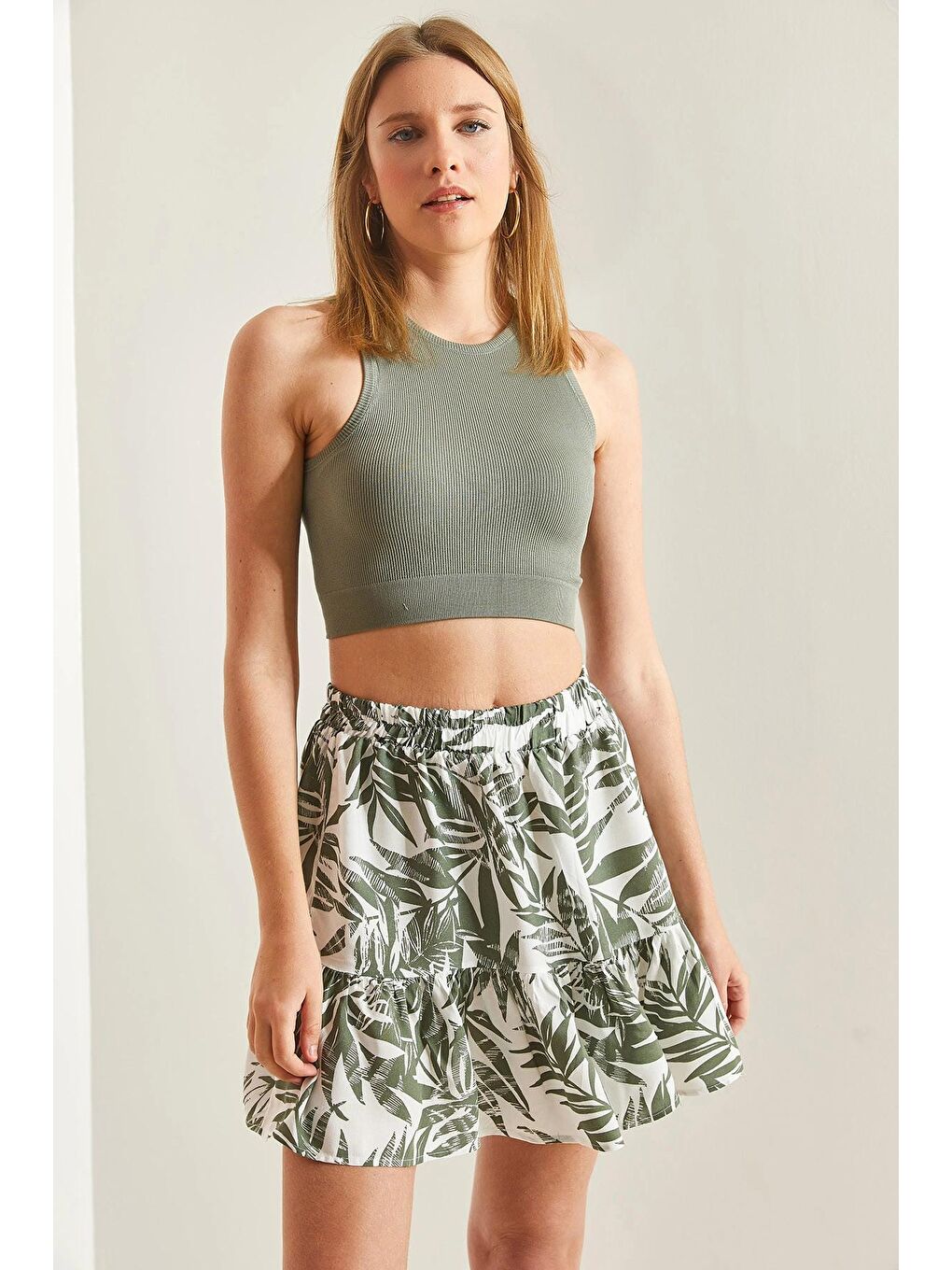 Yeşil Kadın Multi Desenli Fırfırlı Viskon Mini Etek-3