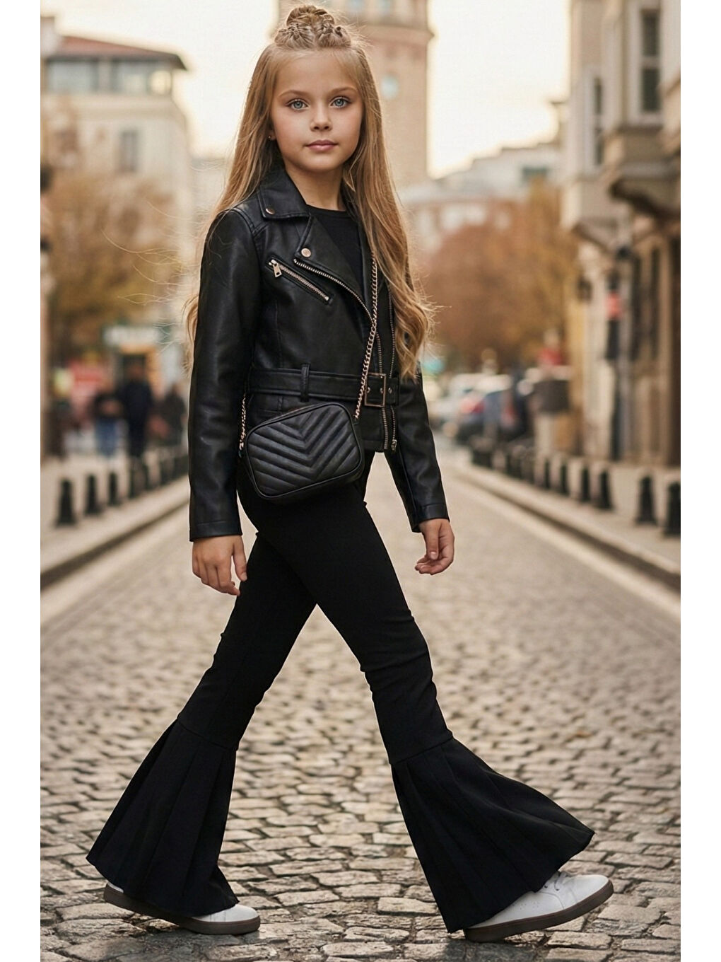 Kız Çocuk Siyah Ispanyol Paça Yüksek Bel Lastikli Tayt Pantolon-4