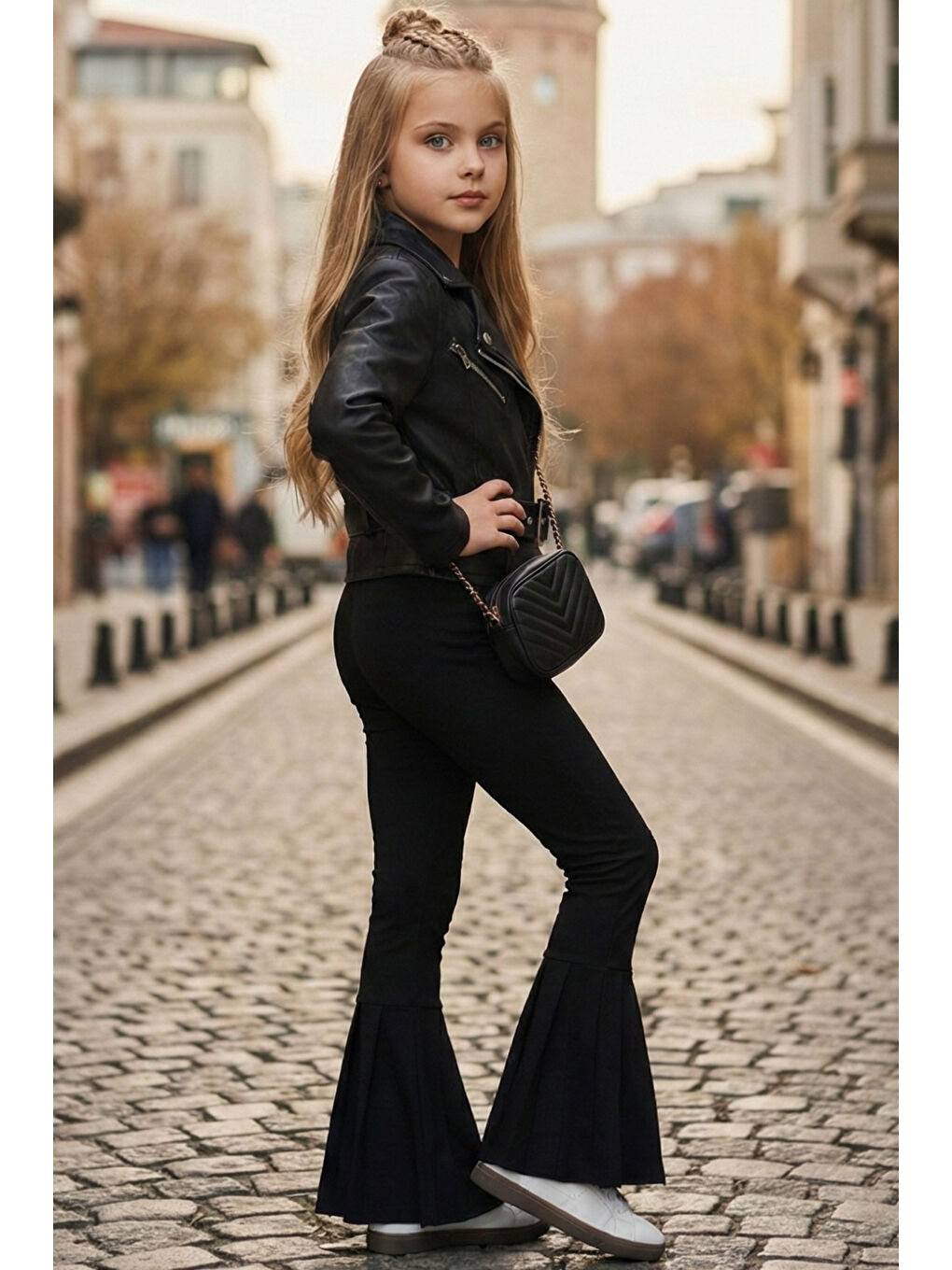 Kız Çocuk Siyah Ispanyol Paça Yüksek Bel Lastikli Tayt Pantolon-5