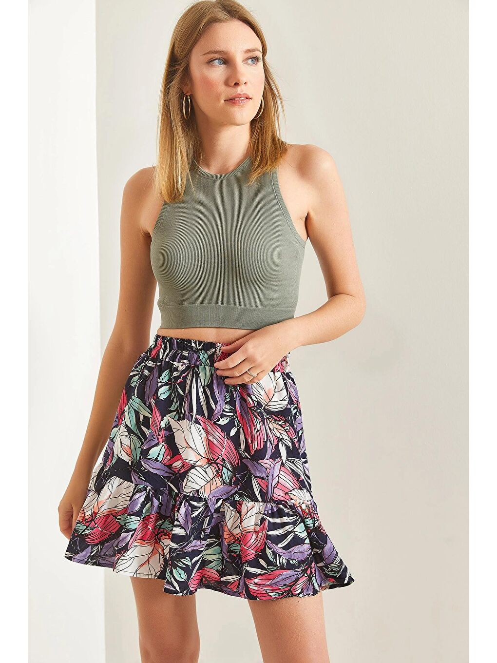 Lacivert Kadın Multi Desenli Fırfırlı Viskon Mini Etek