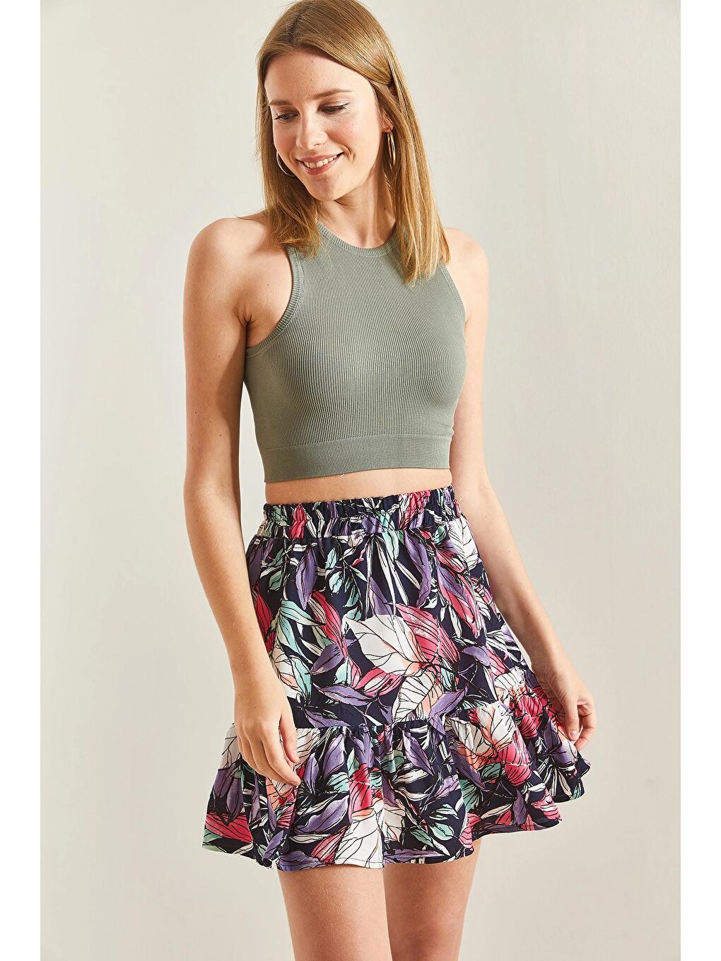 Lacivert Kadın Multi Desenli Fırfırlı Viskon Mini Etek-1