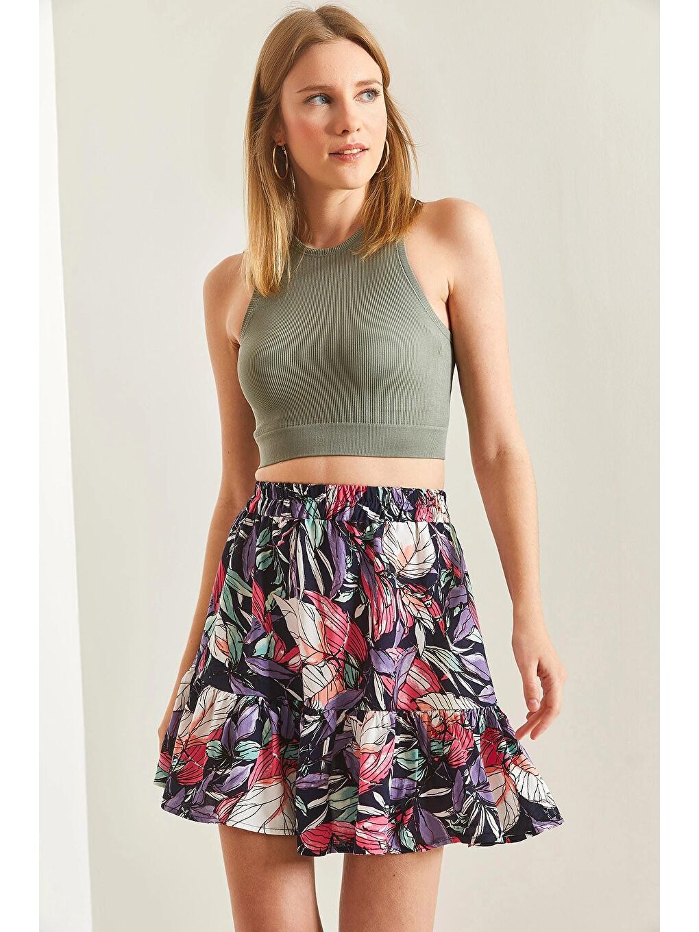 Lacivert Kadın Multi Desenli Fırfırlı Viskon Mini Etek-3