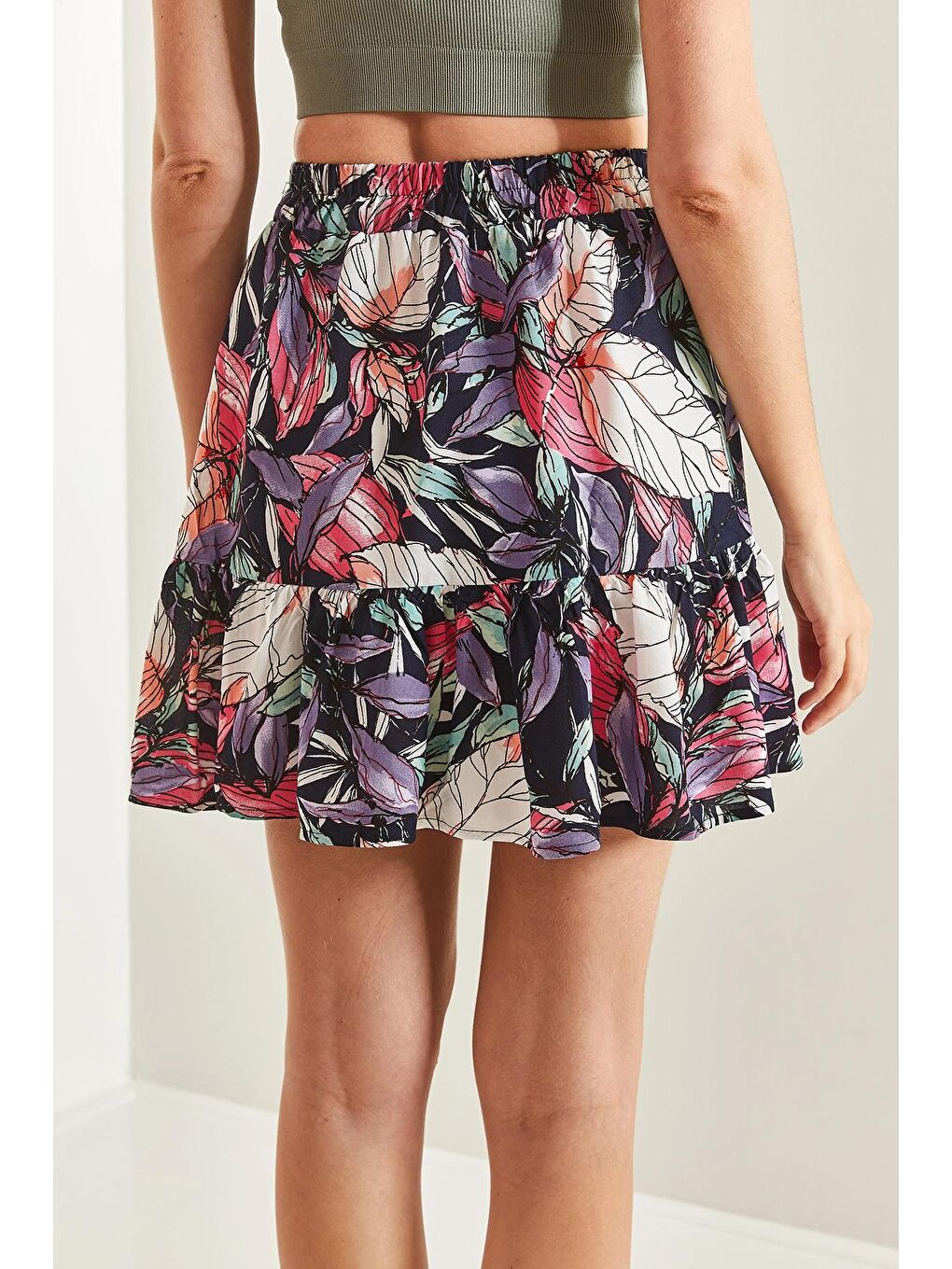 Lacivert Kadın Multi Desenli Fırfırlı Viskon Mini Etek-4