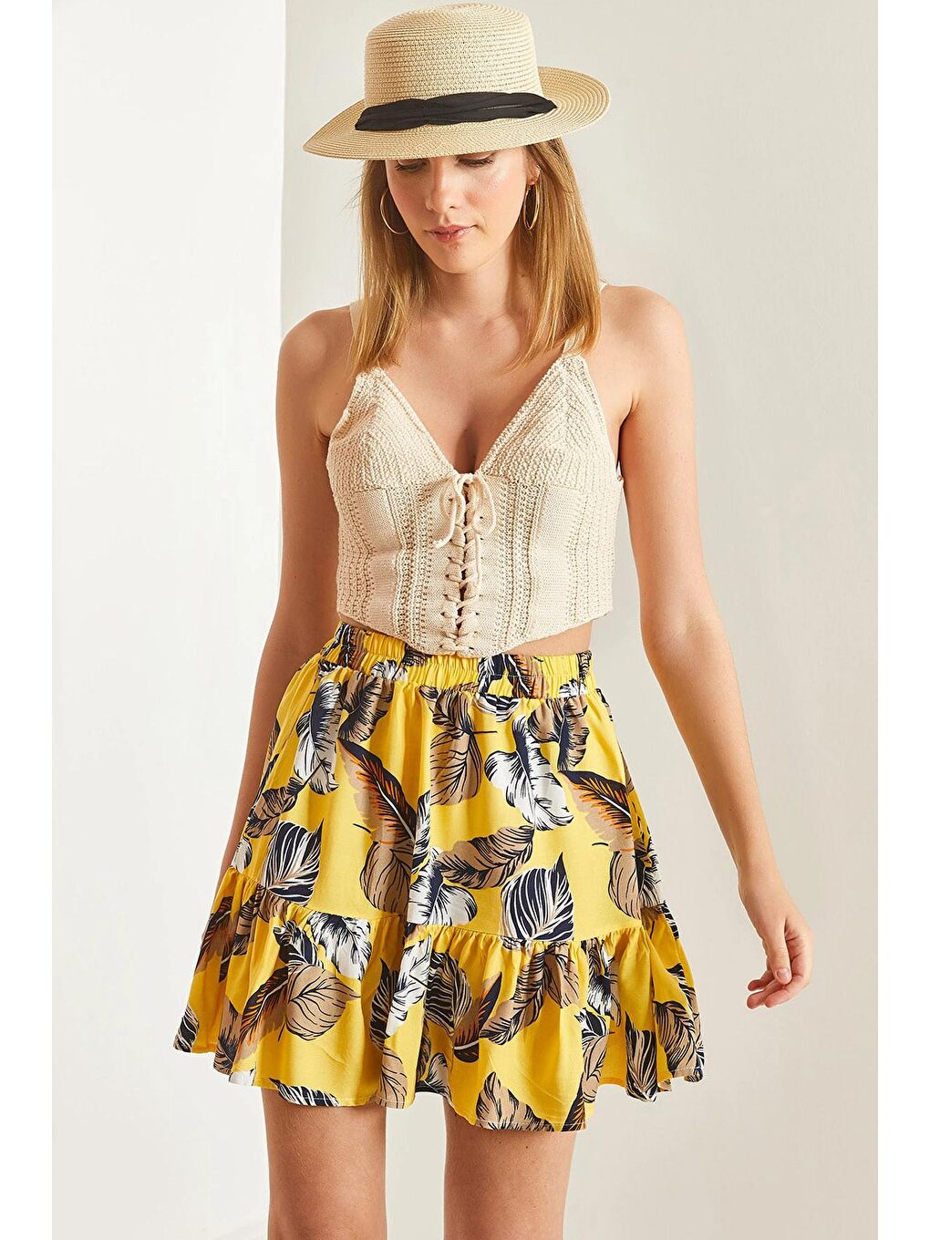 Sarı Kadın Multi Desenli Fırfırlı Viskon Mini Etek