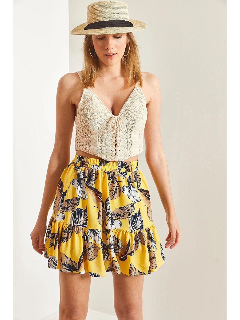 Sarı Kadın Multi Desenli Fırfırlı Viskon Mini Etek-2