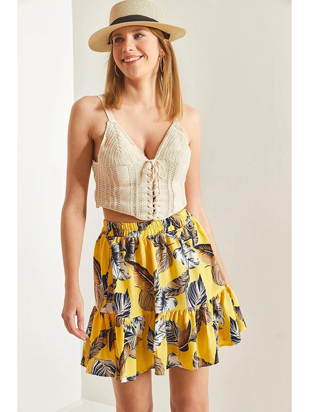 Sarı Kadın Multi Desenli Fırfırlı Viskon Mini Etek-3