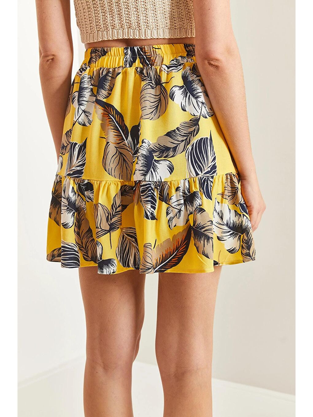 Sarı Kadın Multi Desenli Fırfırlı Viskon Mini Etek-4