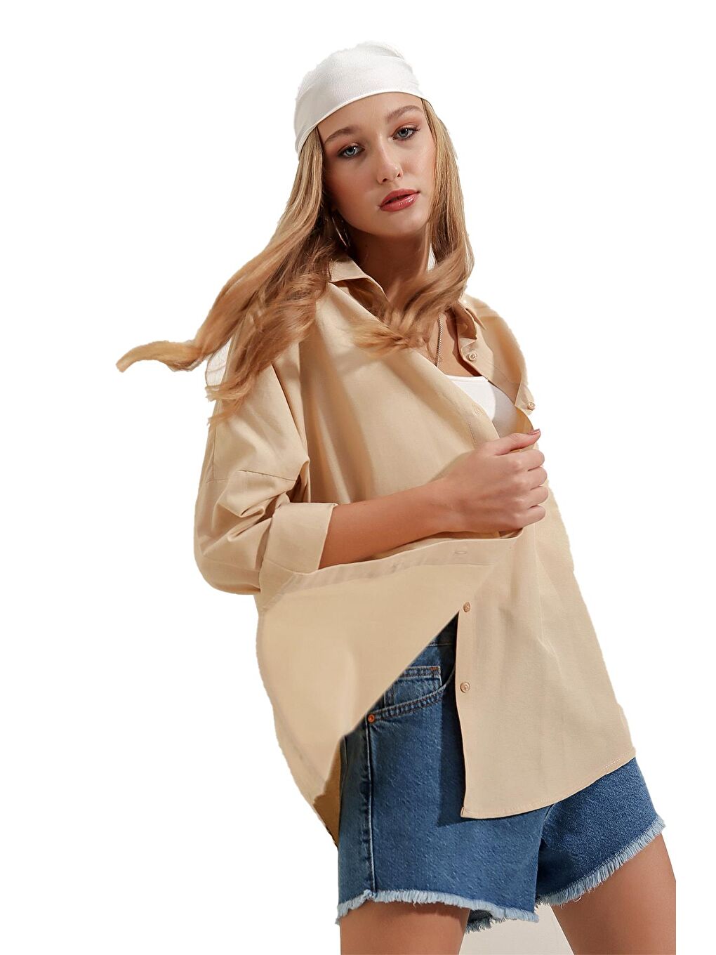Bej Oversize Uzun Basic Kadın Gömlek