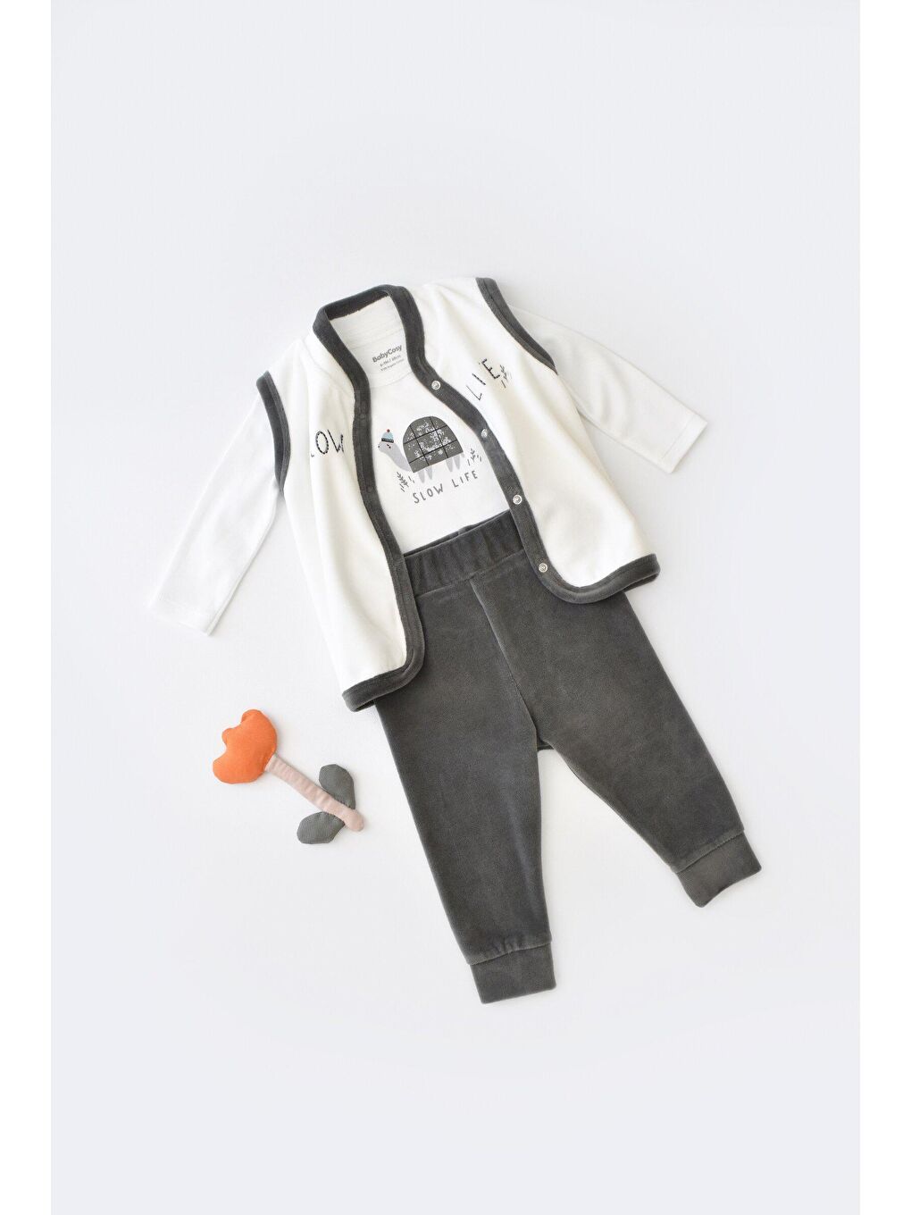 BabyCosy Organic Wear Antrasit Kadife 3 Lü Set (Uzun Kollu Badi,Pantolon,Yelek)