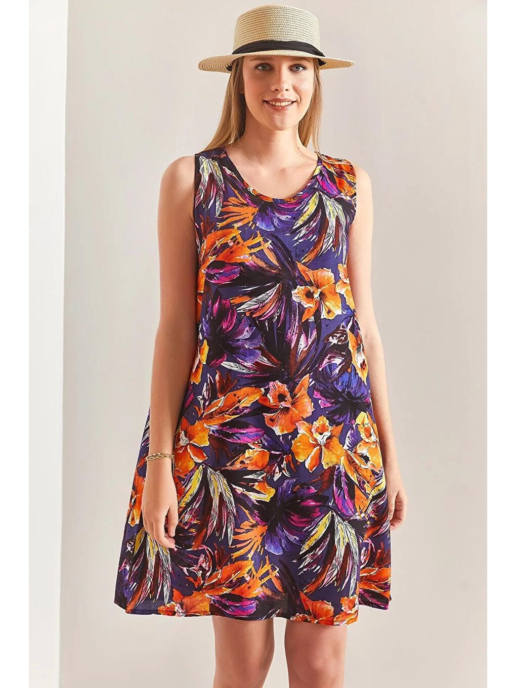 Mor Kadın Multi Desenli Sırt Dekolteli Viskon Elbise