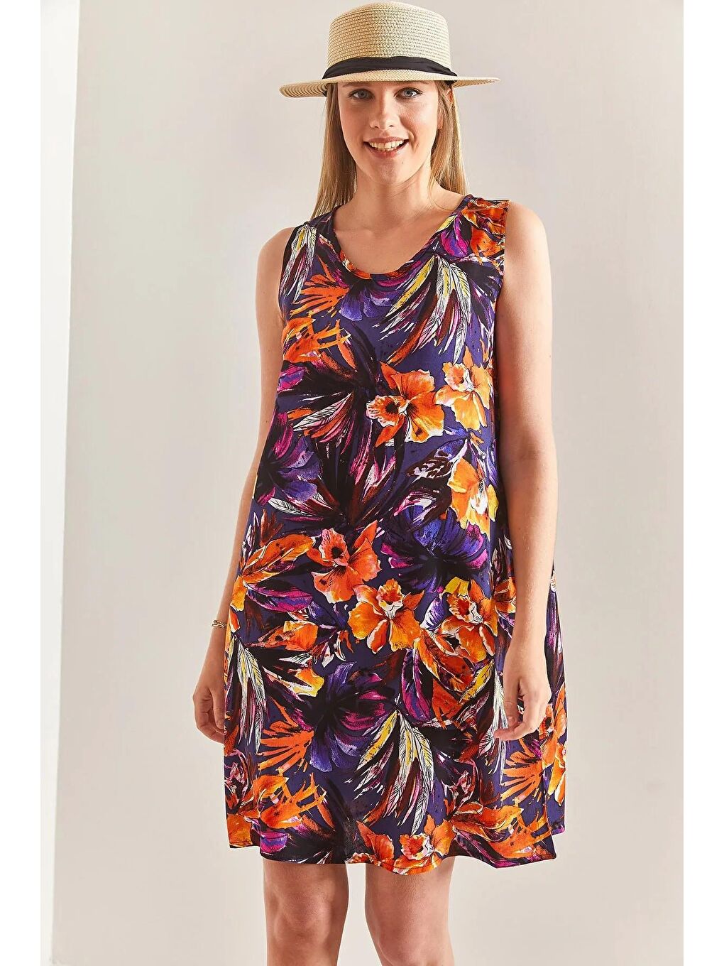 Mor Kadın Multi Desenli Sırt Dekolteli Viskon Elbise-1