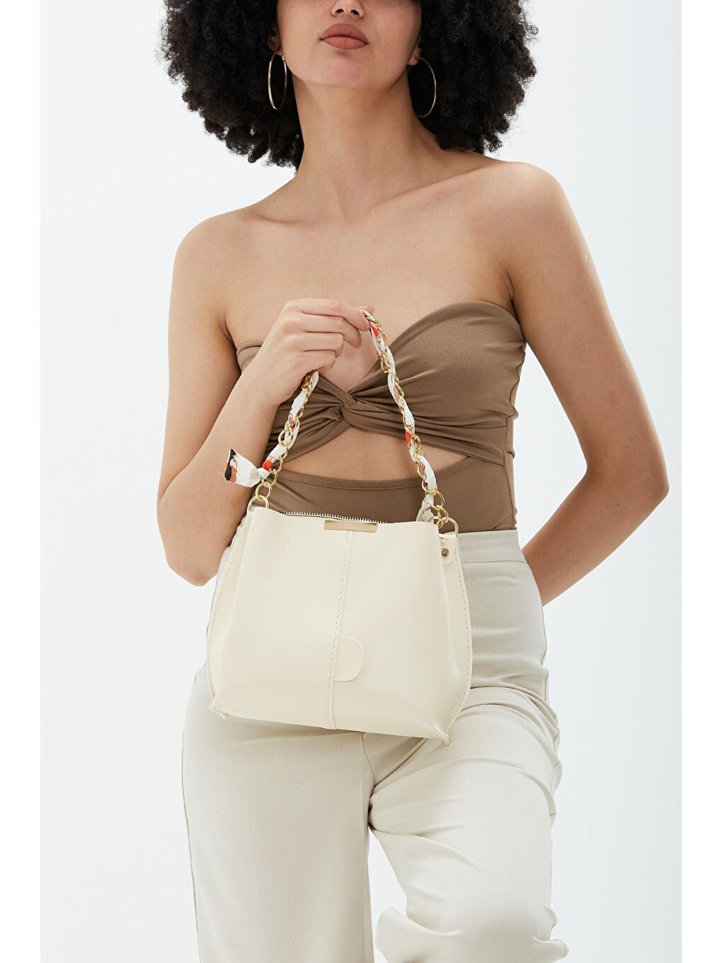 Ekru Fular Detaylı Kadın Çanta-1
