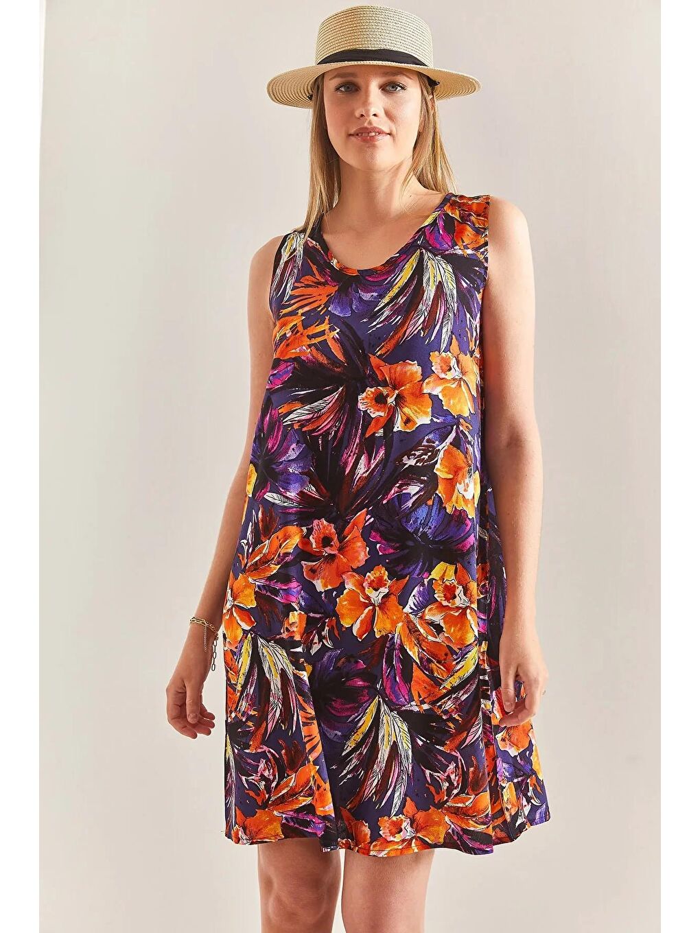 Mor Kadın Multi Desenli Sırt Dekolteli Viskon Elbise-2