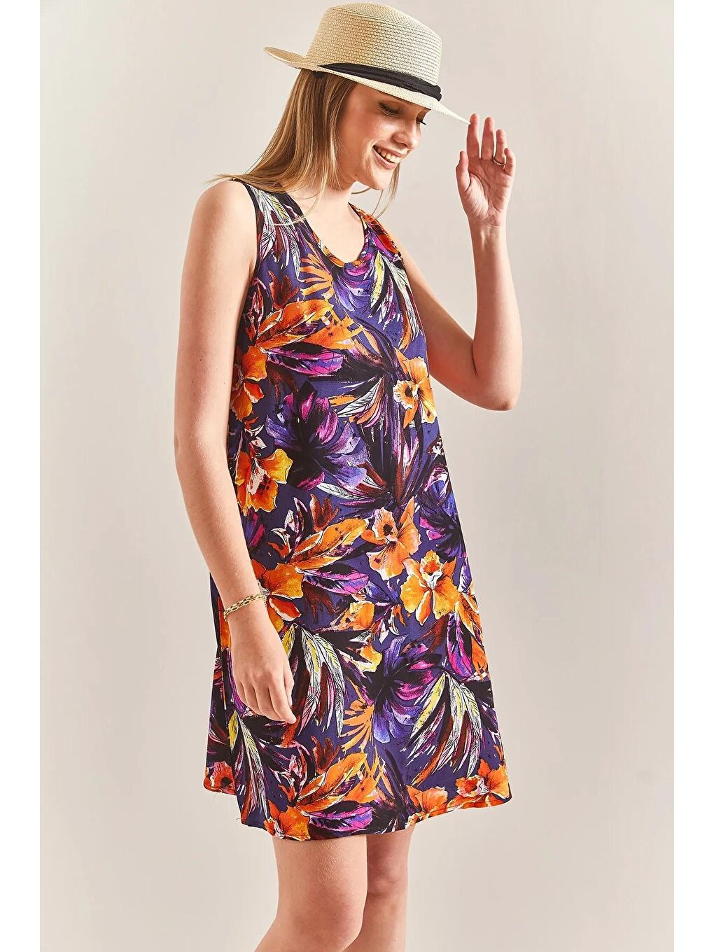 Mor Kadın Multi Desenli Sırt Dekolteli Viskon Elbise-3