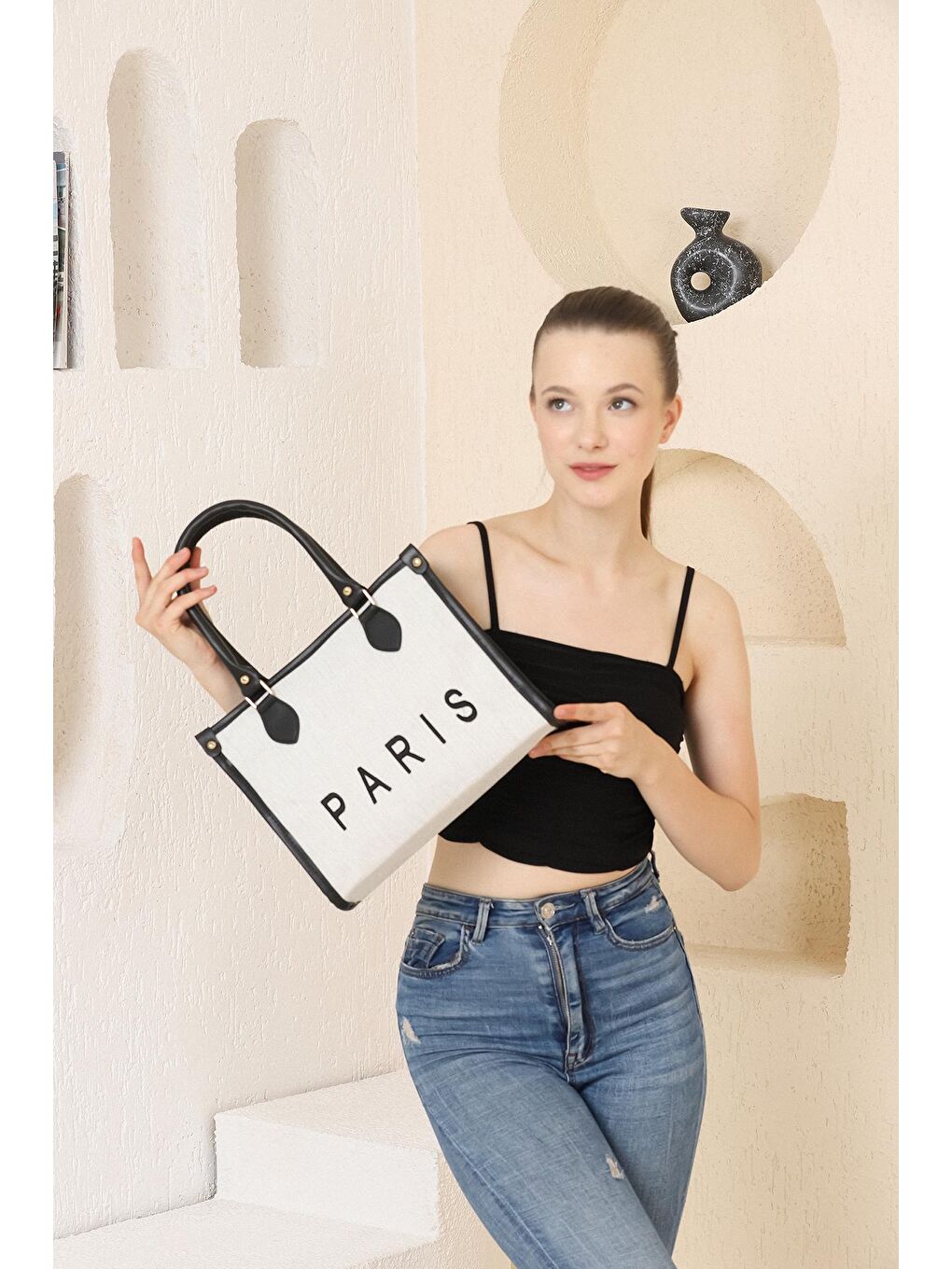 Siyah Kanvas Tote Omuz Çantası-3