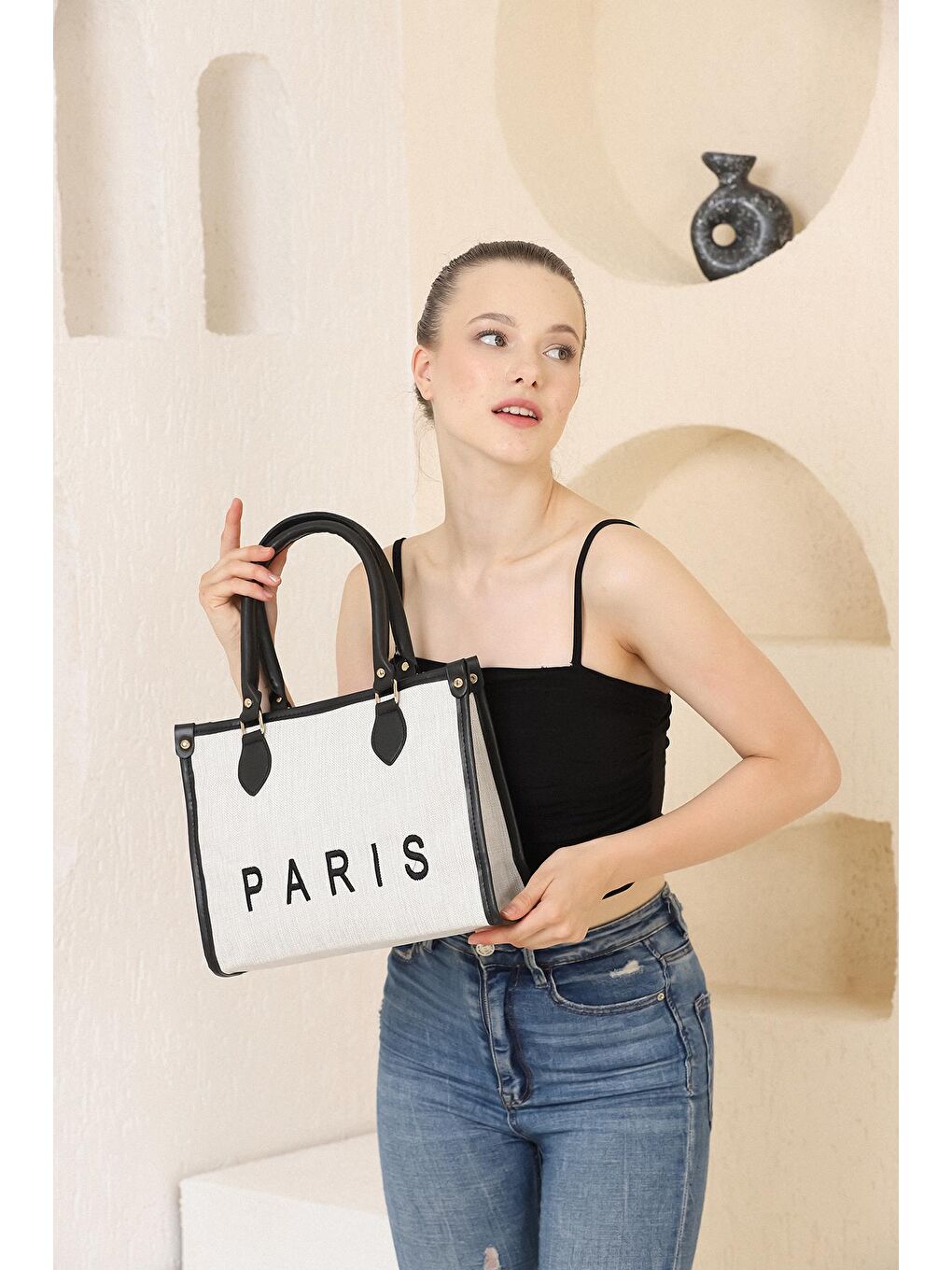 Siyah Kanvas Tote Omuz Çantası-4