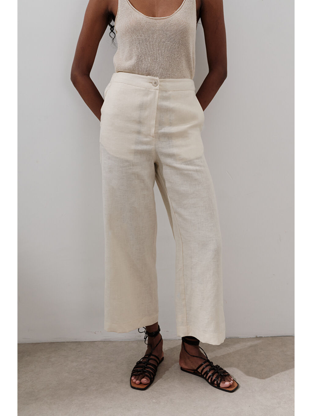 Bej Keten Geniş Paça Pantolon Vanilya-2