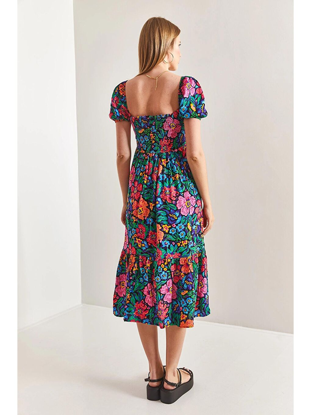 Yeşil Kadın Kare Yaka Gipeli Multi Desenli Kloş Elbise-1