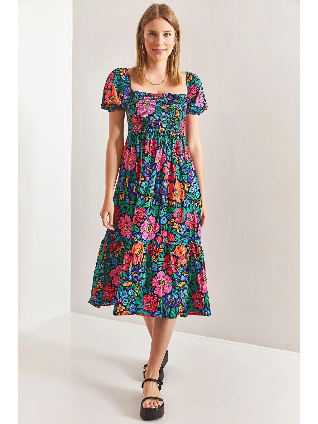 Yeşil Kadın Kare Yaka Gipeli Multi Desenli Kloş Elbise-2