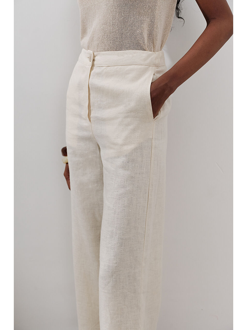 Bej Keten Geniş Paça Pantolon Vanilya-4