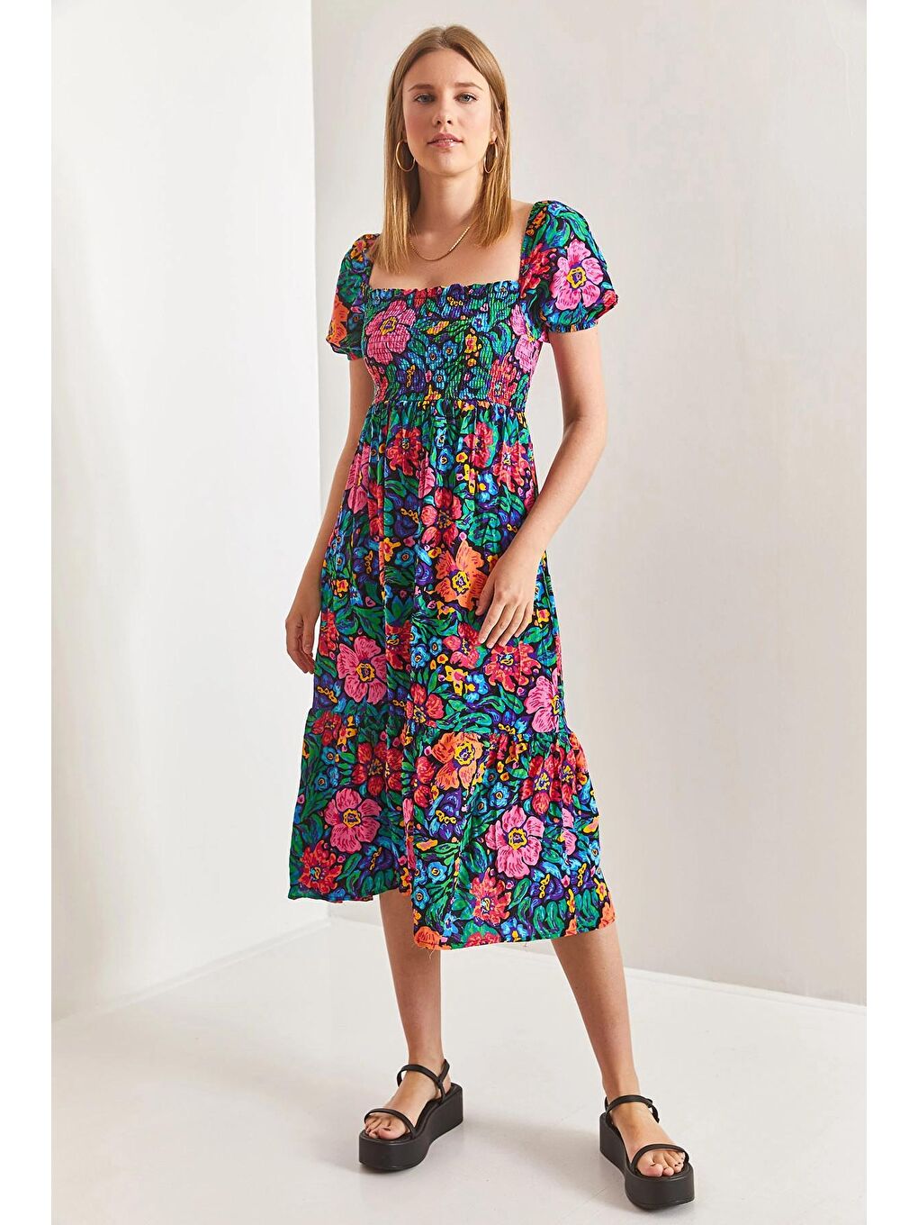 Yeşil Kadın Kare Yaka Gipeli Multi Desenli Kloş Elbise-3