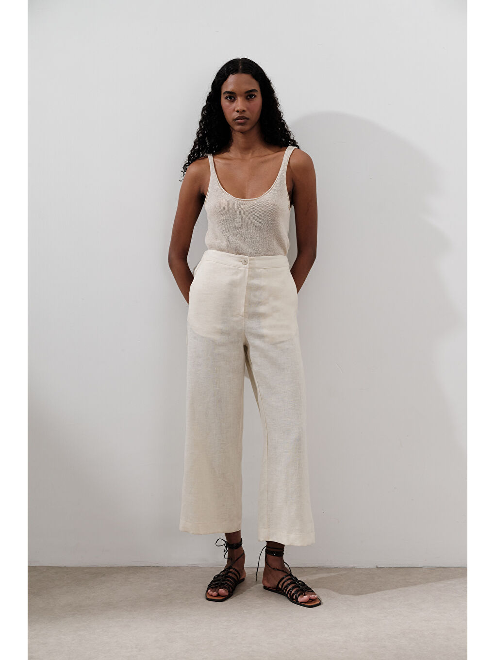 Bej Keten Geniş Paça Pantolon Vanilya-5