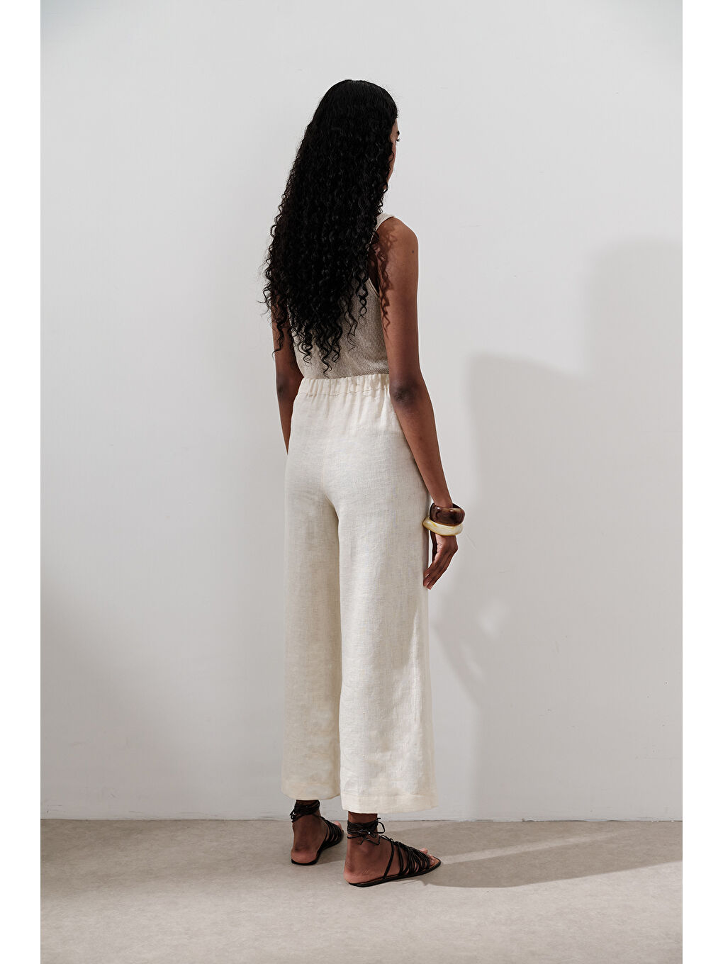 Bej Keten Geniş Paça Pantolon Vanilya-6