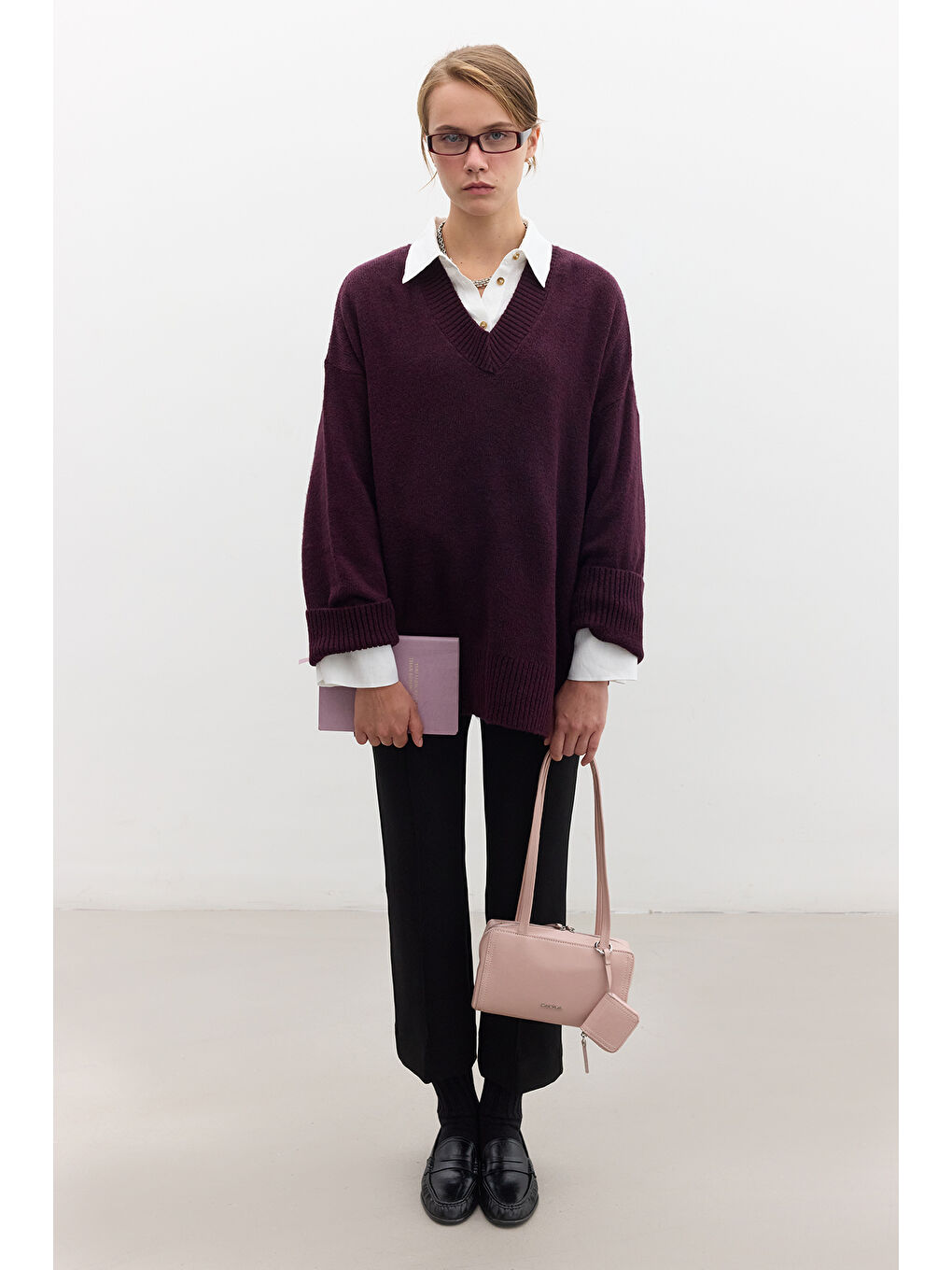 Düz Örgü V Yaka Triko Kazak Mürdüm-2