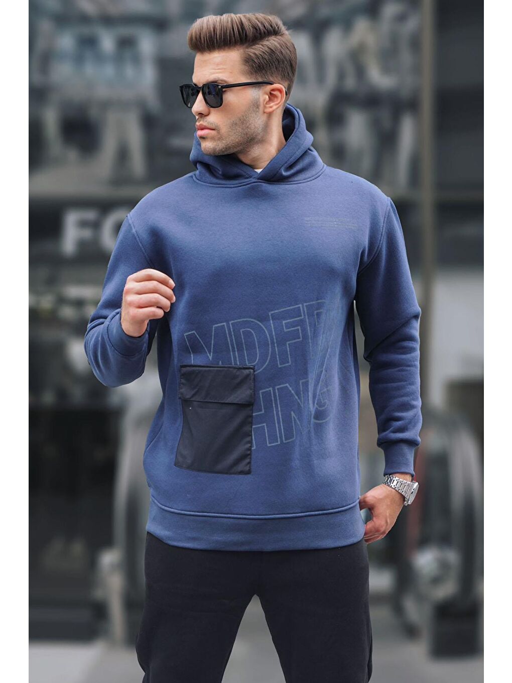 Madmext Lacivert Baskılı Kapüşonlu Sweatshirt 6148