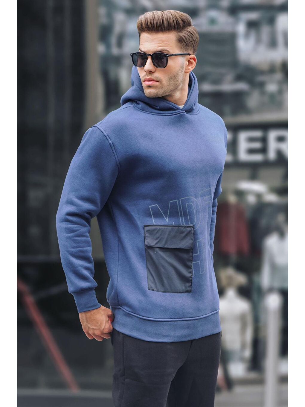 Madmext Lacivert Baskılı Kapüşonlu Sweatshirt 6148 - 1