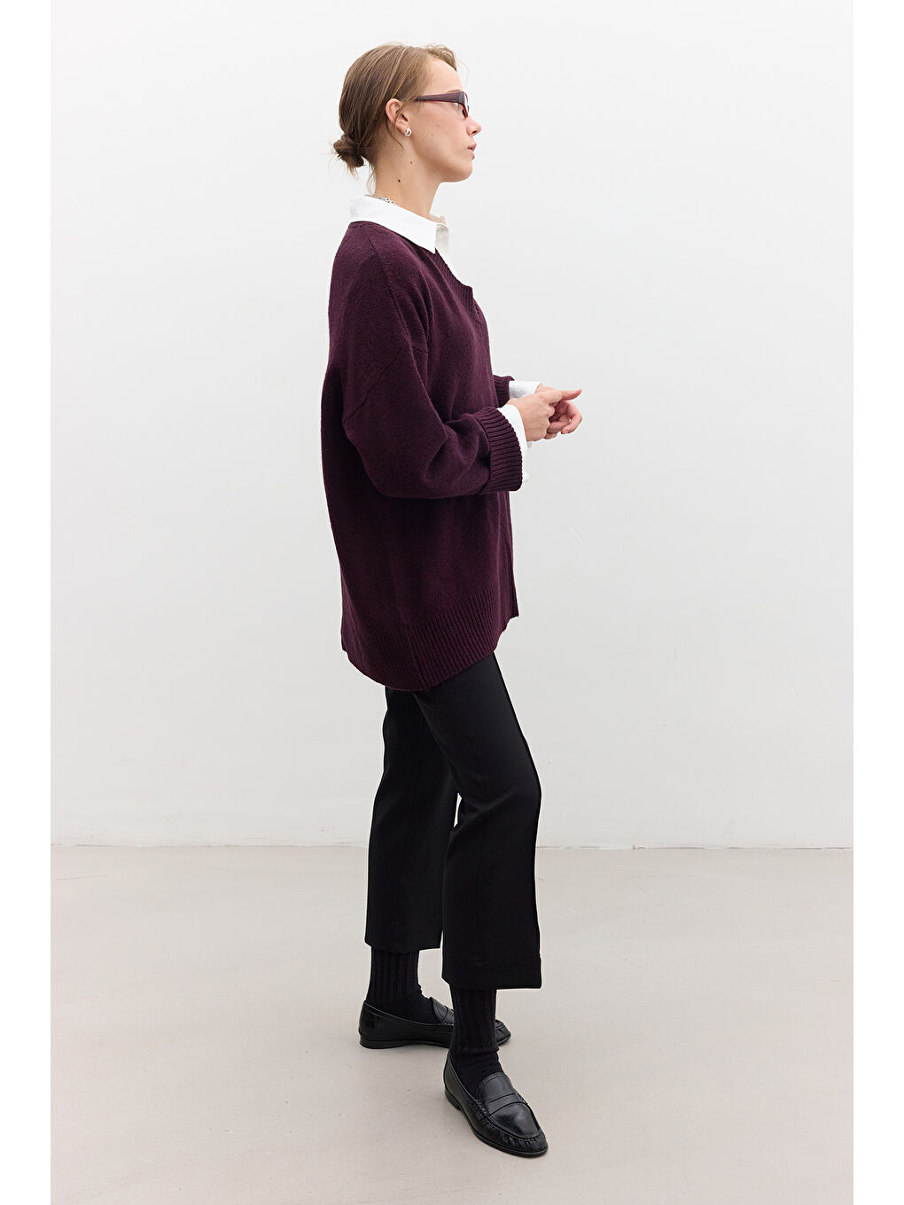 Düz Örgü V Yaka Triko Kazak Mürdüm-6