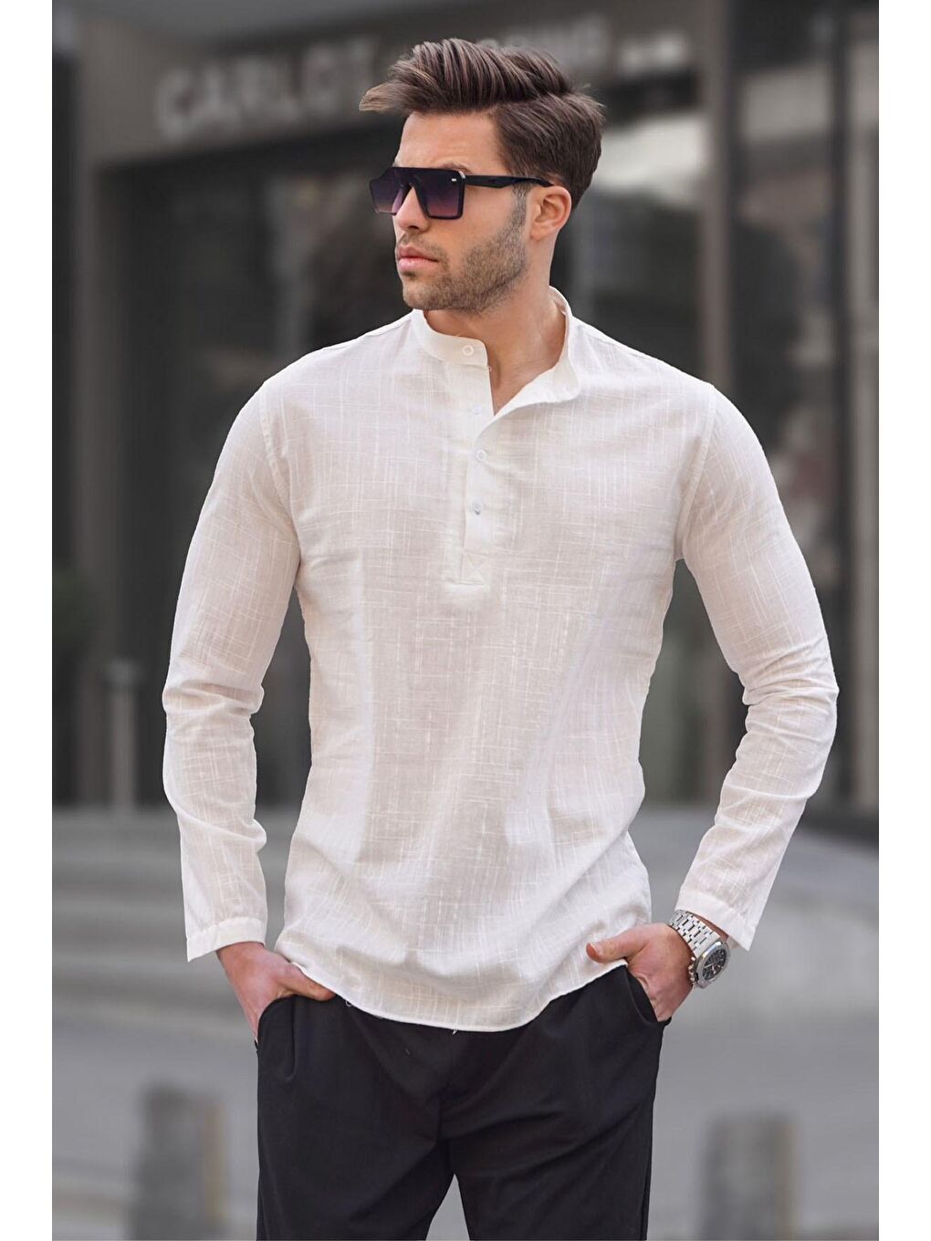 Beyaz Keten Görünümlü Regular Kalıp Erkek Gömlek 5586