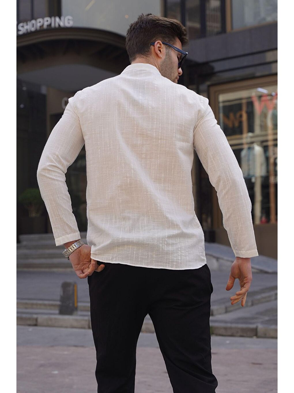 Beyaz Keten Görünümlü Regular Kalıp Erkek Gömlek 5586-1